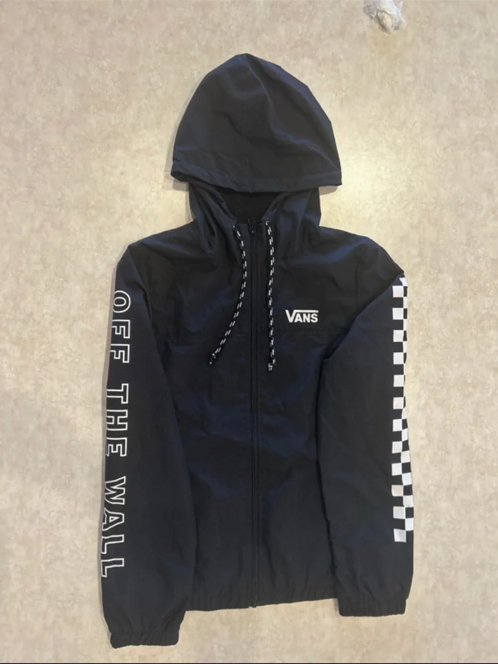 Vans Black Hooded Jacket with Checkerboard Sleeve and 'Off The Wall' Text - Picture 1 of 1